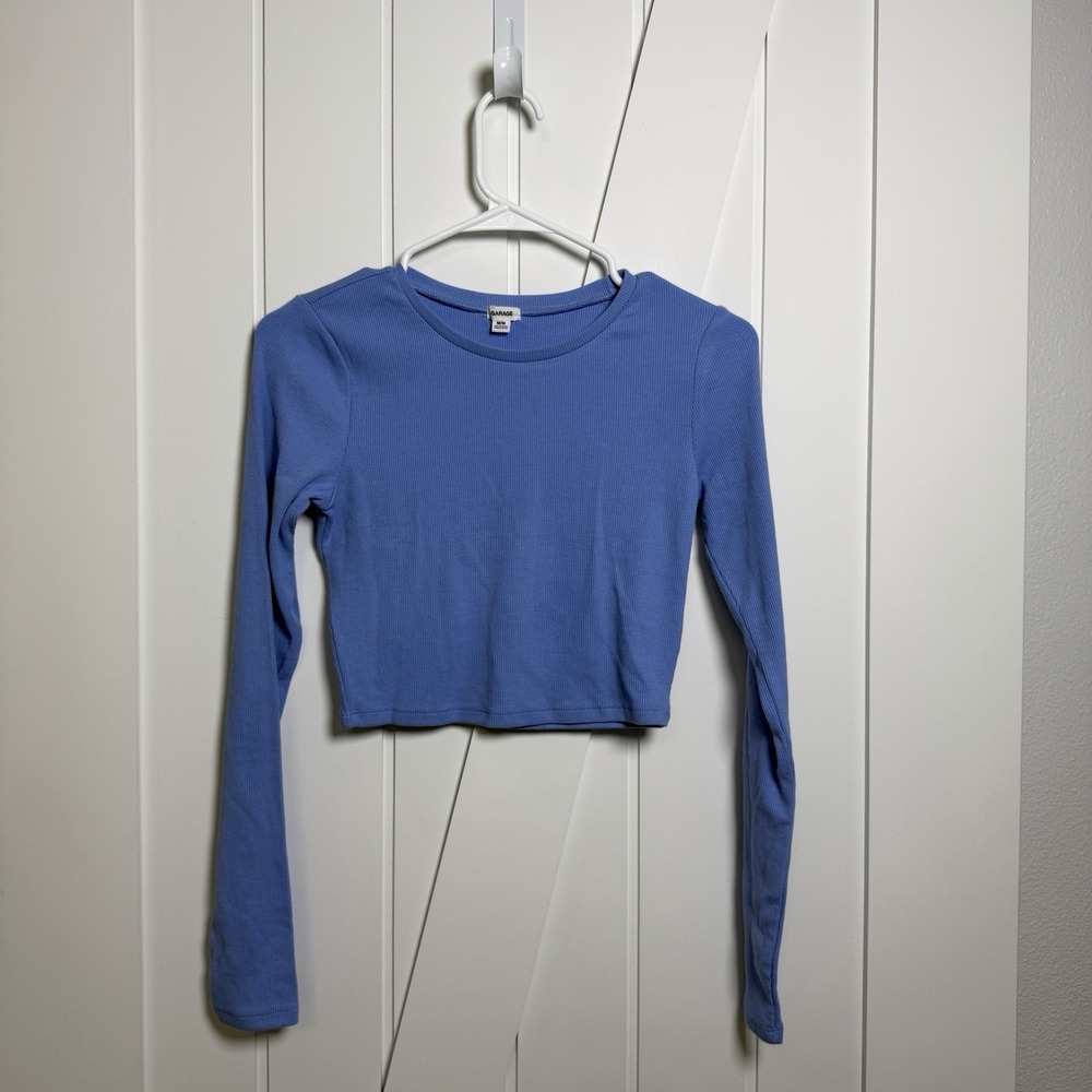 Garage Cropped Top Womens Medium Blue Ribbed Long Sleeve Crew Neck Casual Basic